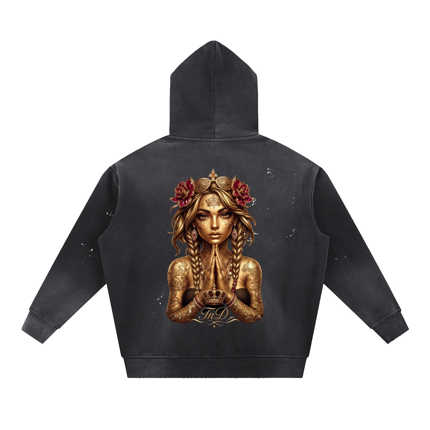 vintage washed frayed fleece hoodie gold crown dark prayers la by tnd