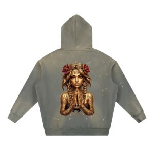 vintage washed frayed fleece hoodie gold crown dark prayers la by tnd