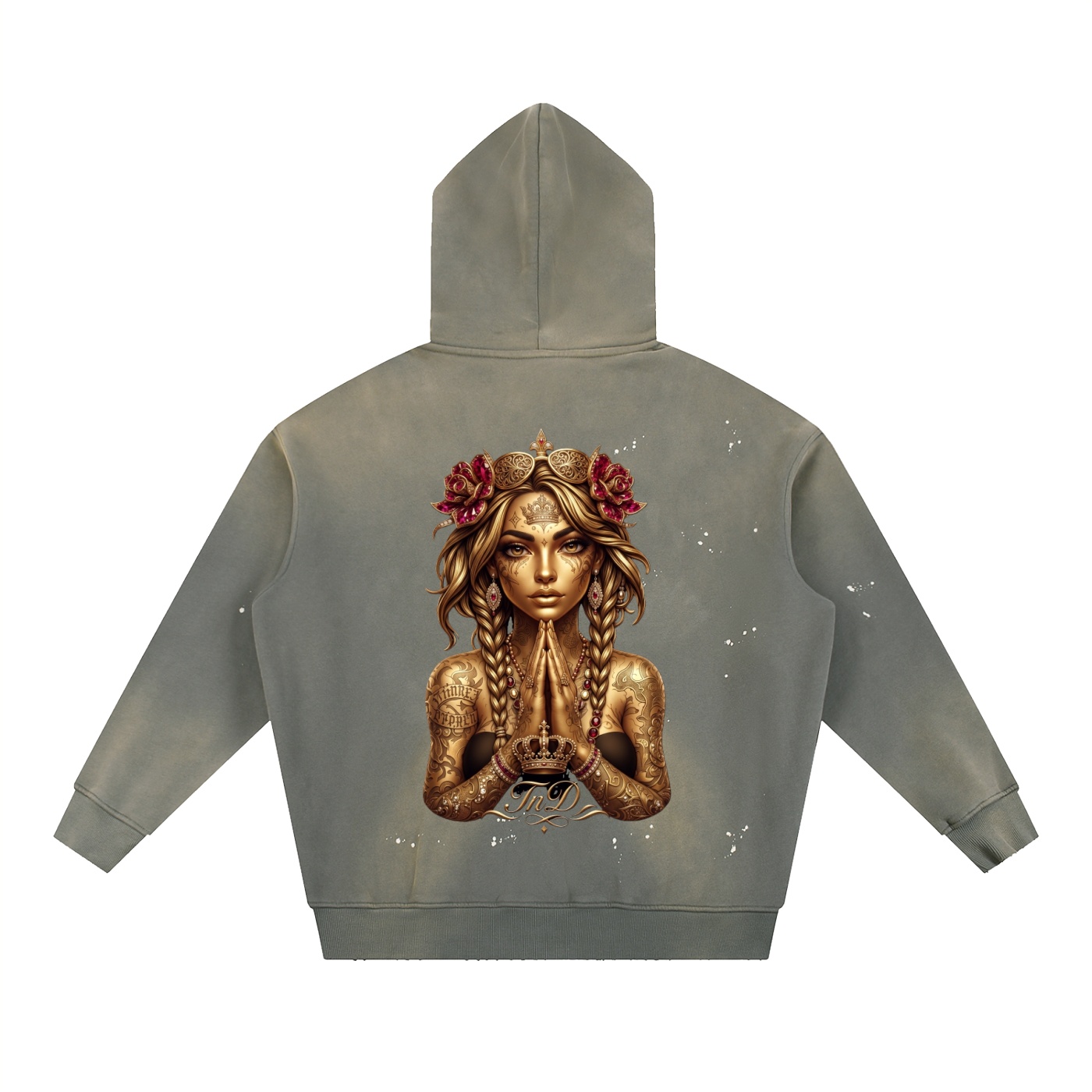 vintage washed frayed fleece hoodie gold crown dark prayers la by tnd